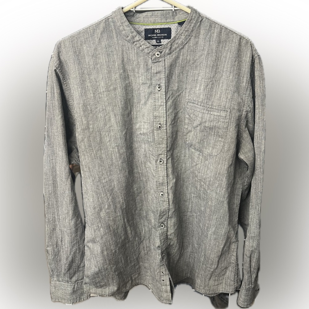 Michael Brandon Men's XL Gray Band Collar Button-Up Shirt Long Sleeve Cotton